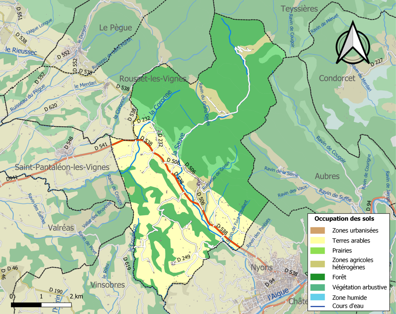 Carte des infrastructures et de l'occupation des sols de la commune en 2018 (CLC).